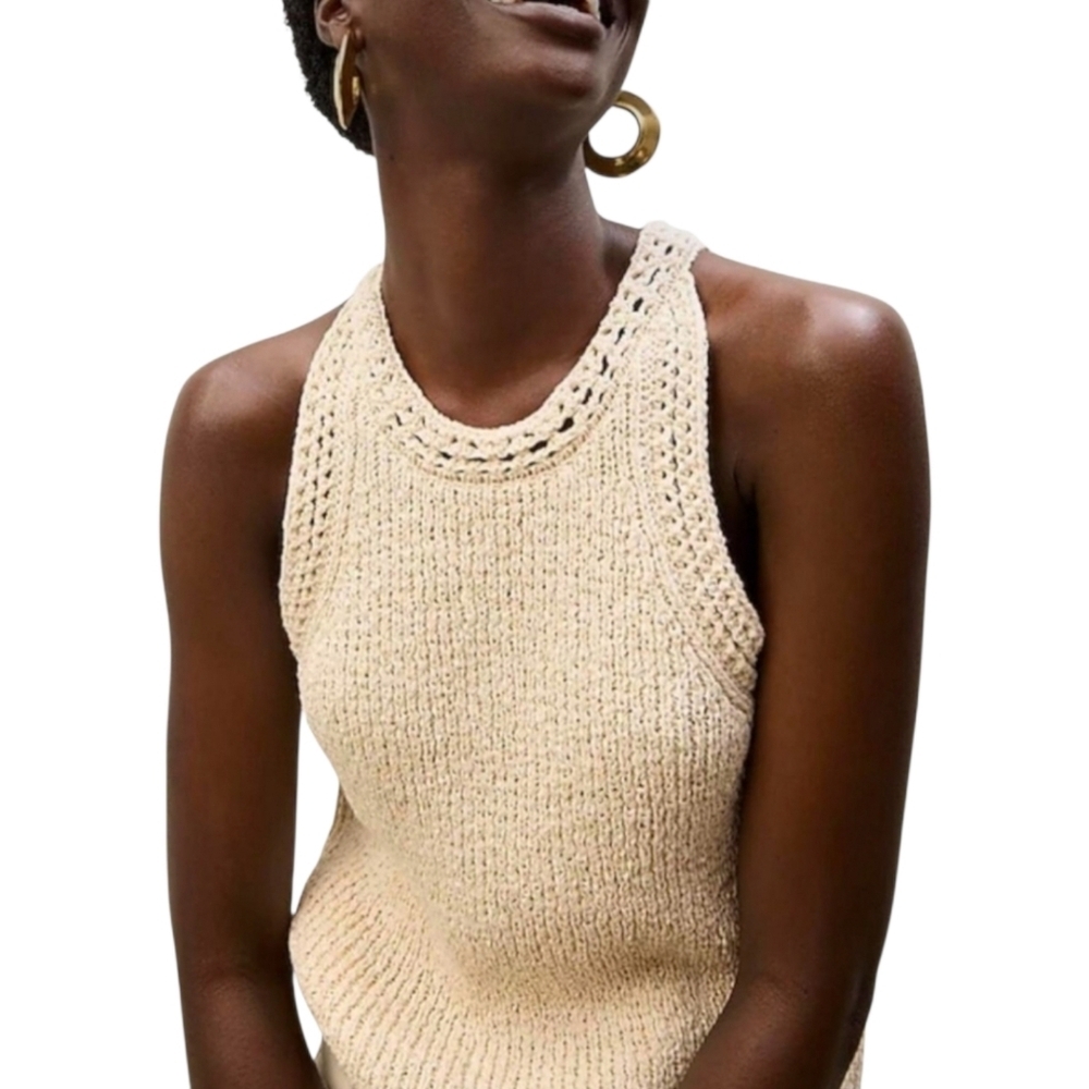 J Crew Sweater Tank High Neck Textured Pointelle Top Cream Small